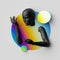 3d render, abstract geometric collage with black female mannequin. Bald head, hands and abstract gradient shapes