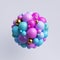 3d render, abstract geometric round shape made of colorful balls joined together. Pink blue gold particles, plastic toys, isolated