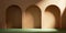 3d render. Abstract geometric terracotta background. Moroccan gallery wall with empty arch niches. Modern minimal showcase scene