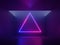 3d render, abstract geometric ultraviolet background, neon light, glowing triangle levitates inside the dark empty room