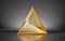 3d render, abstract golden pyramid isolated on black background with reflection in the water on the wet floor. Modern minimal.
