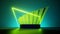 3d render, abstract green neon background with ribbons, glowing line and empty podium. Futuristic showcase with platform for