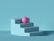 3d render, abstract minimal background. Pink ball placed on blue steps, isolated stairs. Blank pedestal, empty podium.