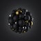3d render, abstract minimal geometric black background. Magnetic sphere combined of assorted balls, primitive shapes, gold and