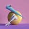 3d render, abstract minimal surreal contemporary art. Geometric concept, blue cone, yellow ball, white legs over pink background.