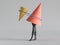 3d render, abstract minimal surreal contemporary art. Geometric concept, two red yellow cones, black legs stand, blue ring,