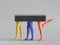 3d render, abstract minimal surreal fashion concept, funny contemporary art sculpture. Colorful human model legs. Empty podium