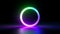 3d render, abstract minimalist background with simple geometric round shape. Colorful neon ring glowing in the dark, pink violet