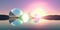 3d render, abstract minimalist panoramic background. Fantastic scenery wallpaper. Round mirrors with lens flare, calm water and
