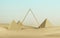 3d render, abstract modern minimal background with pyramids and golden triangular blank frame on a desert landscape