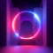 3d render, abstract modern minimal background, red blue neon light glowing ring, blank round frame. Empty staircase perspective.