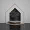 3d render, abstract modern minimal black white geometric background, polygonal marble niche, pedestal, golden arch, memorial