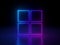 3d render. Abstract neon window symbol, isolated on black background. Blue pink glowing squares, blank frames