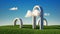 3d render, abstract panoramic background. Minimal landscape with green grass, concrete round arches and white clouds in the blue