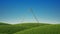 3d render, abstract panoramic simple landscape with green field, blue sky and geometric shape. Blank triangular golden frame