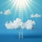 3d render, abstract paradise concept, ladder to heaven, white clouds isolated on blue background, mystical rays of light.
