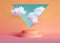 3d render, abstract peachy background with blue sky inside the triangular window above the empty podium. White clouds fly into the