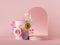 3d render, abstract pink background with floral decor: empty podium, colorful paper flowers, round arch. Luxury fashion design.