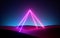 3d render, abstract pink blue neon background with glowing pyramid in the middle of the empty desert. Futuristic design with laser