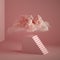 3d render, abstract pink fantasy background. Cloud floating above the pedestal with stairs, cubic podium. Objects isolated inside,