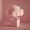 3d render, abstract pink fantasy background. Cloud floating above the vacant pedestal, blank cubic podium.