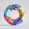 3d render, abstract random mosaic pieces, broken torus, cracked round surface with hole. Blue red yellow colorful elements.