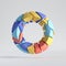 3d render, abstract random mosaic pieces, broken torus, cracked round surface with hole, colorful donut. Blue red yellow elements