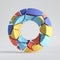 3d render, abstract random mosaic pieces, colorful donut, broken torus, cracked surface. Blue red yellow elements.