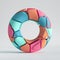 3d render, abstract random mosaic pieces, colorful donut, broken torus, cracked surface. Blue red yellow elements.