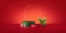 3d render, abstract red background with empty podiums for product presentation, green spruce and Christmas ornaments