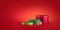3d render, abstract red background with empty podiums for product presentation, green spruce and Christmas ornaments. Empty