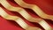 3d render, abstract red background with three wavy golden metallic ribbons