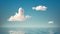 3d render, abstract simple background with seascape. White clouds in the blue sky above the calm water with reflection. Minimal