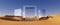 3d render. Abstract surreal background with chrome geometric shapes. Panoramic scenery. Desert landscape with sand dunes and