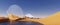 3d render. Abstract surreal background. Desert scenery. Panoramic landscape with sand dunes, water and flat round mirror disk