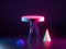 3d render abstract surreal fashion concept. Colorful geometric objects, slim legs illuminated with neon light, isolated on black.