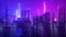 3d render, abstract ultraviolet background with urban skyscrapers illuminated with neon light. Starry night sky and water