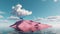 3d render. Abstract unique background. Surreal scenery. Fantasy landscape of pink island surrounded by calm water, tree metaphor