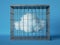 3d render. Abstract white cloud locked inside square cage, isolated on blue background. Trapped concept.