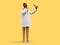 3d render. African cartoon character doctor standing and thinking, holding thermometer. Medical clip art isolated on yellow