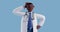 3d render, african cartoon character male doctor confused. Man with dark skin touches head and looks at camera. Thinking and