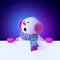 3d render, amazed snowman, christmas cartoon character, looking up, wearing furry headphones, holding blank banner, neon lights,