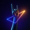 3d render artificial hand rock gesture, geometric bracelet. Colorful neon light triangle. Human mannequin body part