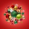 3d render, assorted Christmas ornaments and glass balls isolated on red background. Festive baubles and embellishments