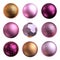 3d render, assorted metallic pink golden balls, objects isolated on white background. New Year Glass balls, beads, pearls clip art