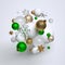 3d render, assortment Christmas ornaments, green and gold balls, stars and snowflakes levitate. Seasonal festive clip art,