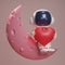 3D render Astronaut holding a red heart while sitting on the pink moon. Spaceman on the moon, cartoon character astronaut on a