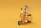 3D Render Astronaut Riding Motor Scooter Side View on a Yellow Background