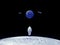 3d render, the astronaut stands on the moon and looks at the earth, shuttles fly around the earth astronaut stands on the moon