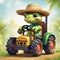 3D render of baby turtle wearing farmers clothes and driving a tractor